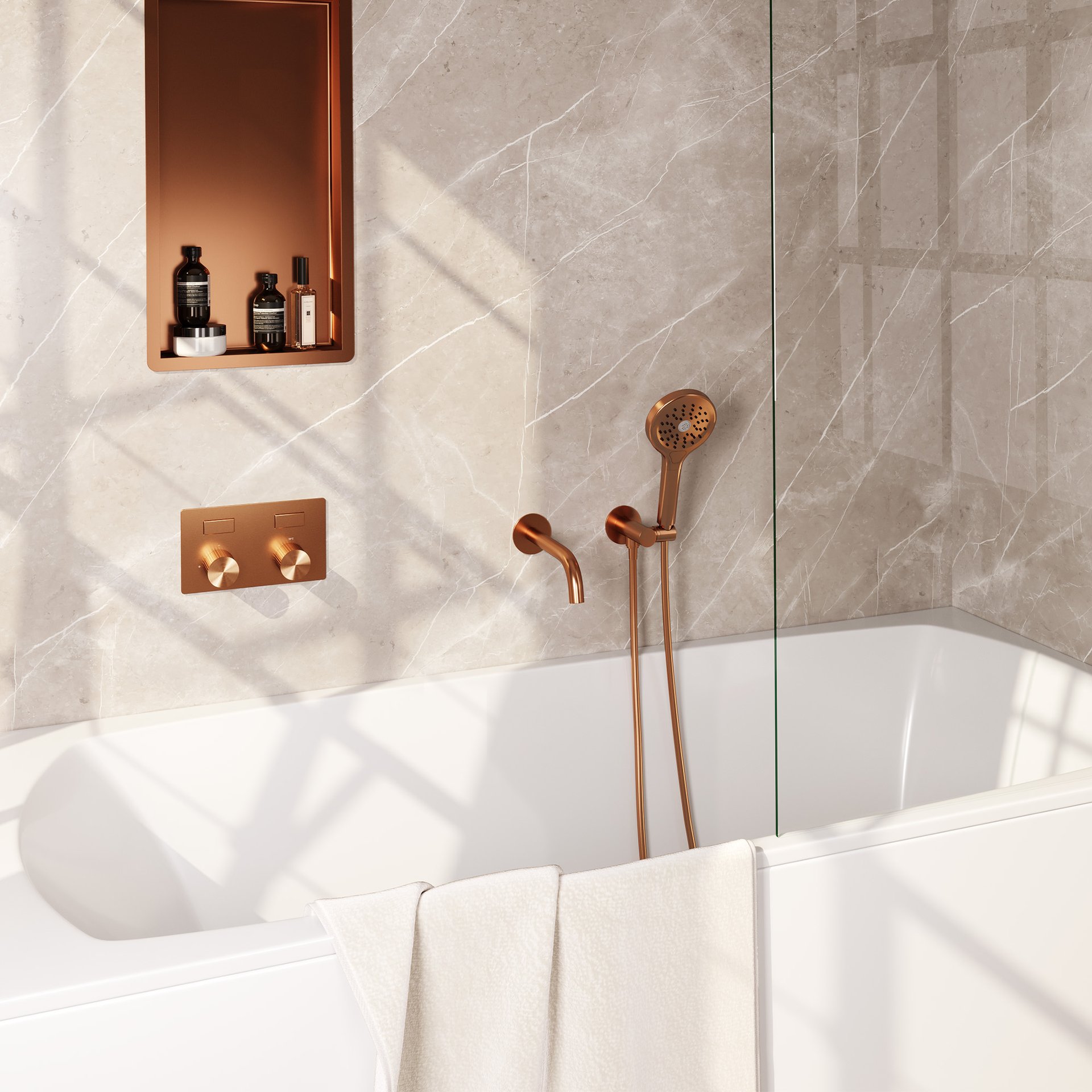 BRAUER Stripe thermostatische inbouw badkraan met drukknoppen SET 04 met uitloop en 3-standen handdouche en doucheslang en wandaansluitbocht koper geborsteld PVD