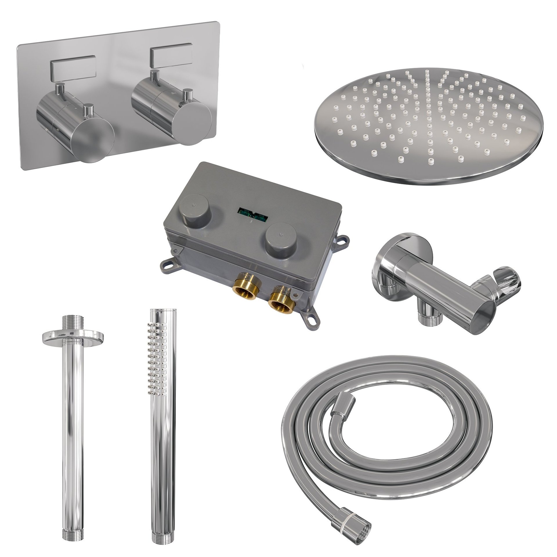 BRAUER Chrome Edition thermostatische inbouw regendouche met drukknoppen SET 54 met 30 cm douchekop en plafondarm en staaf handdouche en doucheslang en wandaansluitbocht chroom