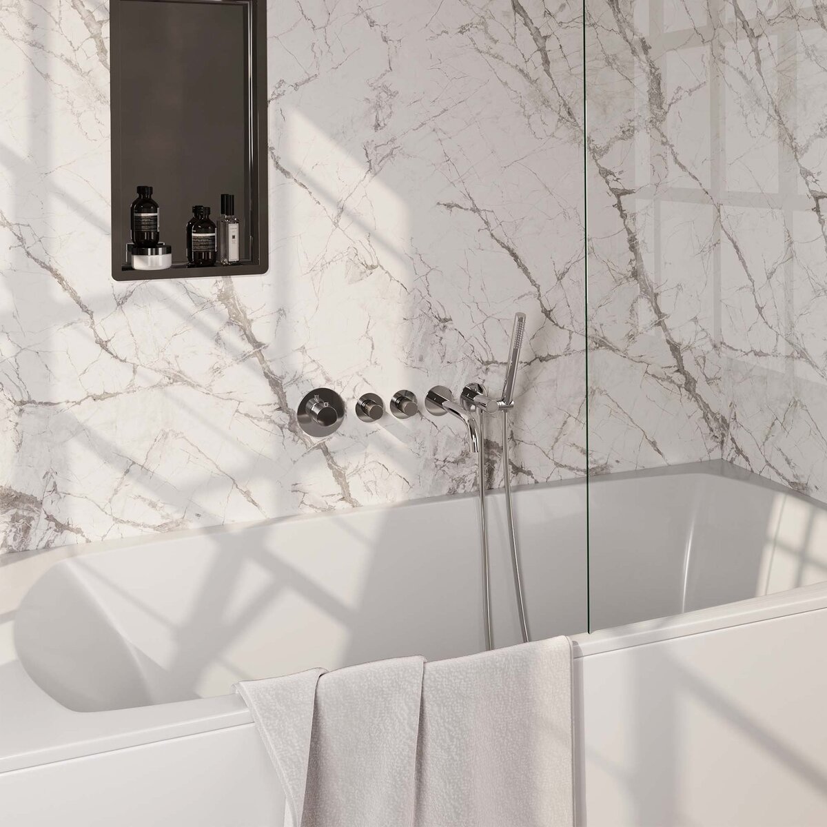 BRAUER Chrome Carving thermostatische inbouw badkraan SET 01 met uitloop en staaf handdouche en doucheslang en wandaansluitbocht chroom