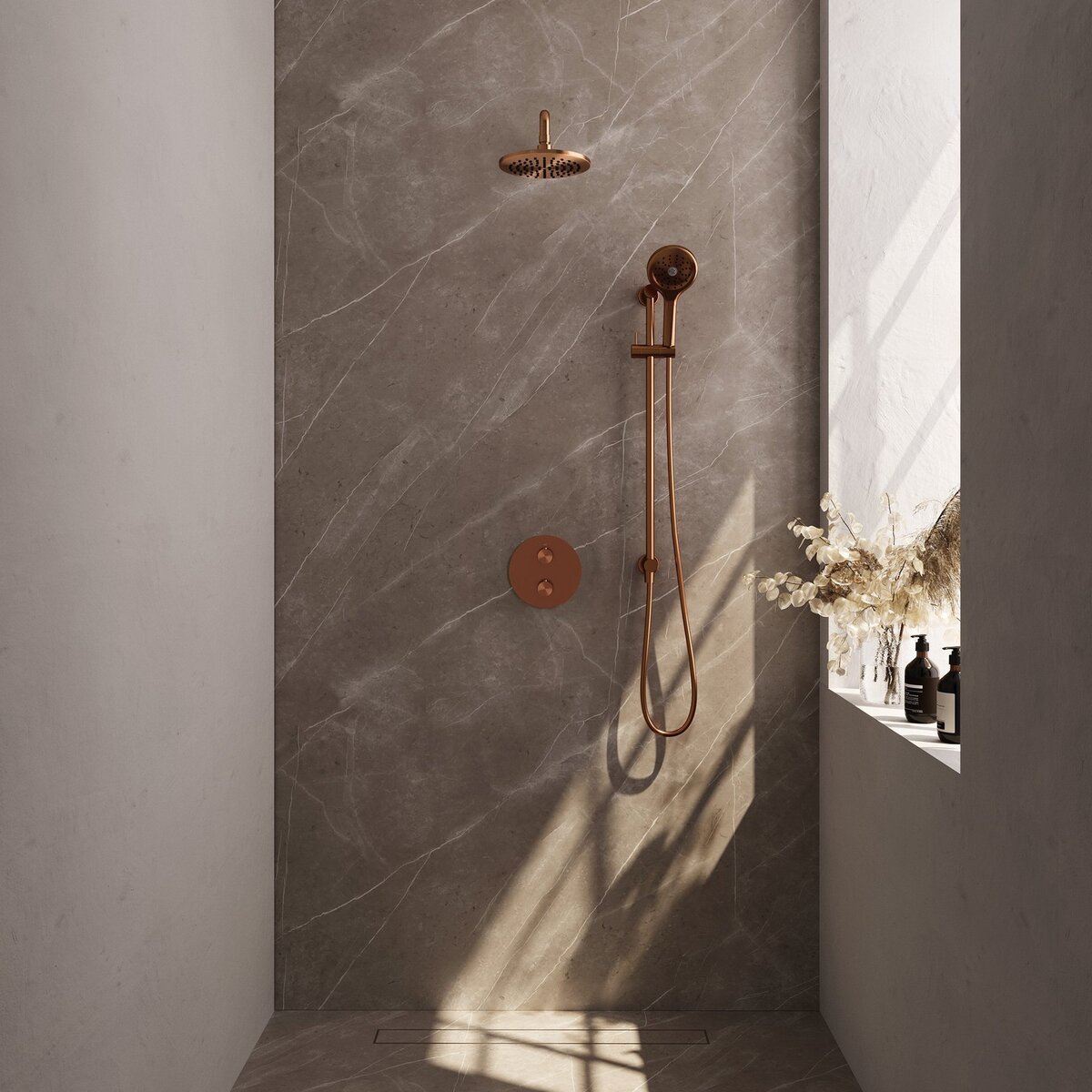 BRAUER Copper Edition thermostatische inbouw regendouche 3-weg rond SET 93 met 20 cm douchekop en gebogen muurarm en 3-standen handdouche en doucheslang en geïntegreerde glijstang koper geborsteld PVD