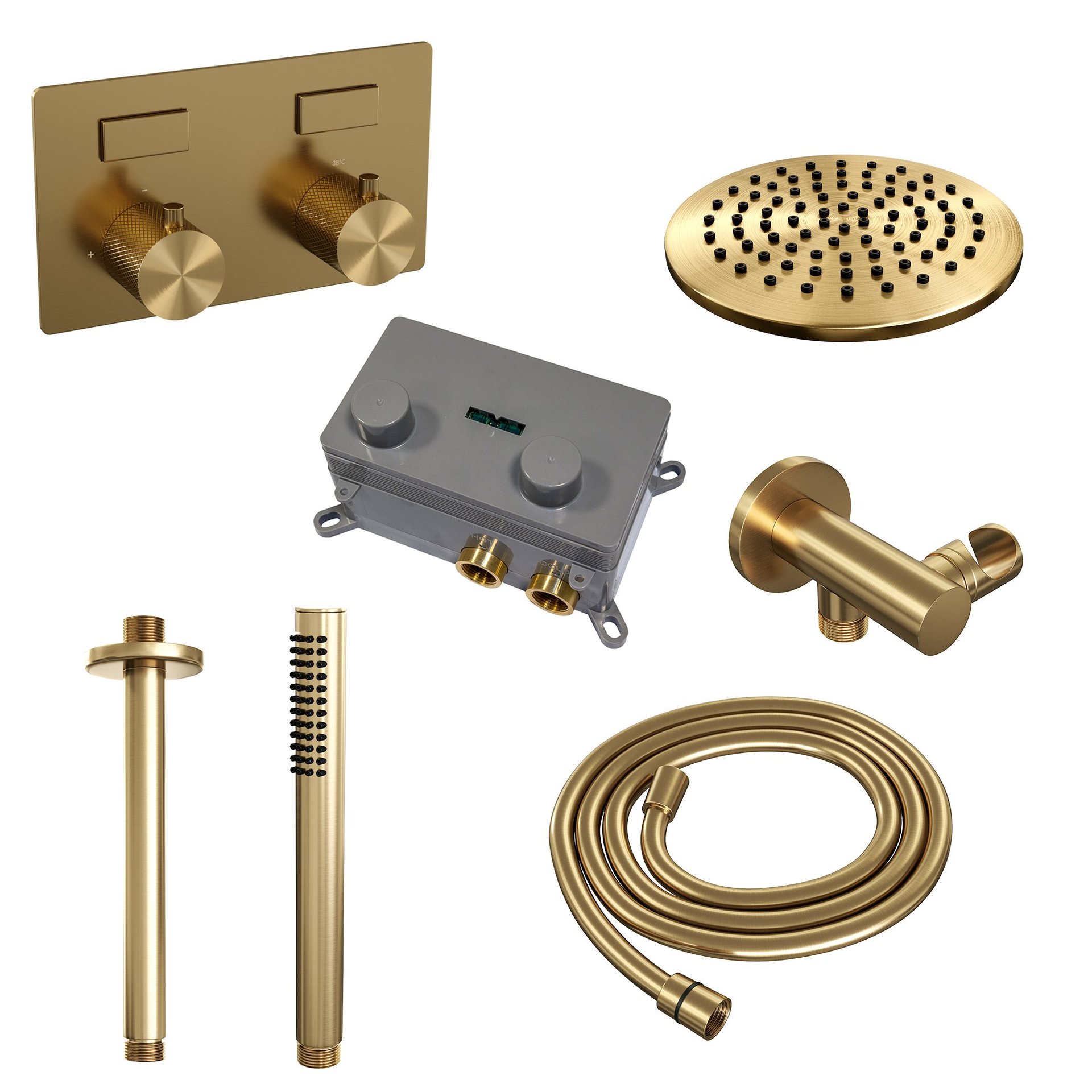 BRAUER Gold Carving thermostatische inbouw regendouche met drukknoppen SET 53 met 20 cm douchekop en plafondarm en staaf handdouche en doucheslang en wandaansluitbocht goud geborsteld PVD