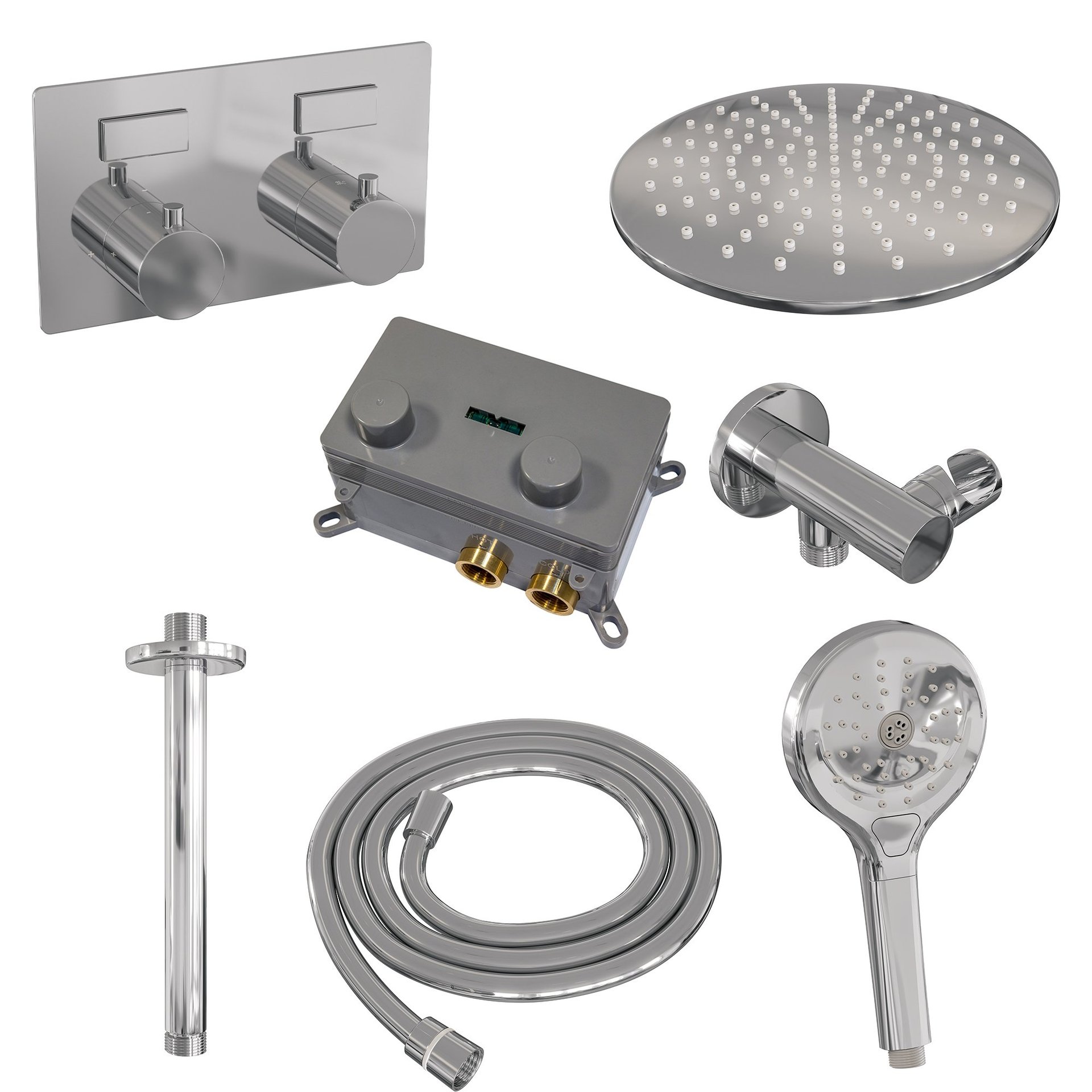 BRAUER Chrome Edition thermostatische inbouw regendouche met drukknoppen SET 60 met 30 cm douchekop en plafondarm en 3-standen handdouche en doucheslang en wandaansluitbocht chroom