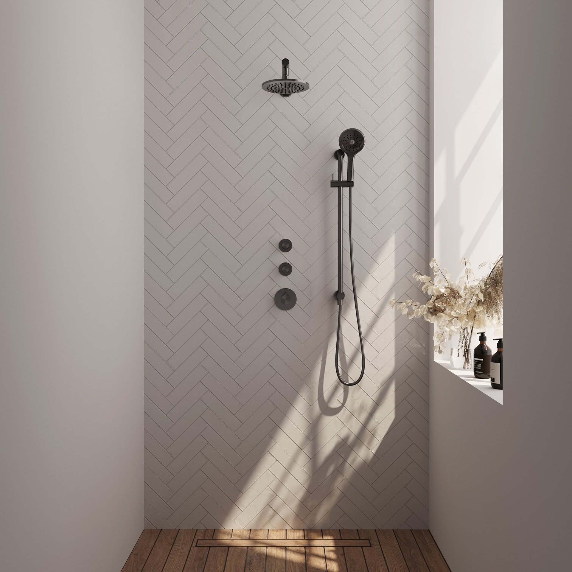 BRAUER Gunmetal Carving thermostatische inbouw regendouche SET 19 met 20 cm douchekop en rechte muurarm en 3-standen handdouche en doucheslang en geïntegreerde glijstang gunmetal geborsteld PVD