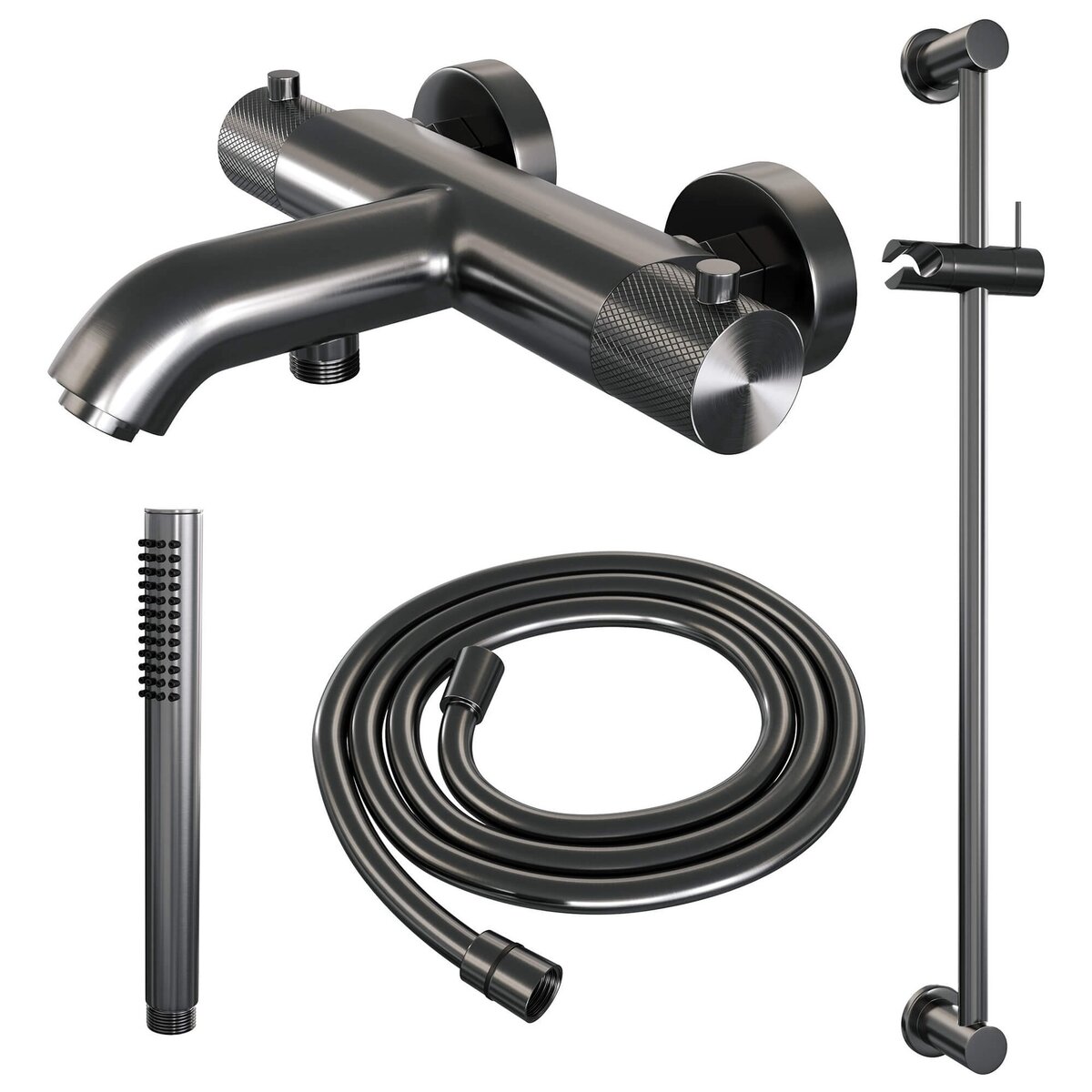 BRAUER Gunmetal Carving opbouw baddouche thermostaatkraan SET 01 met glijstang en staaf handdouche en doucheslang gunmetal geborsteld PVD