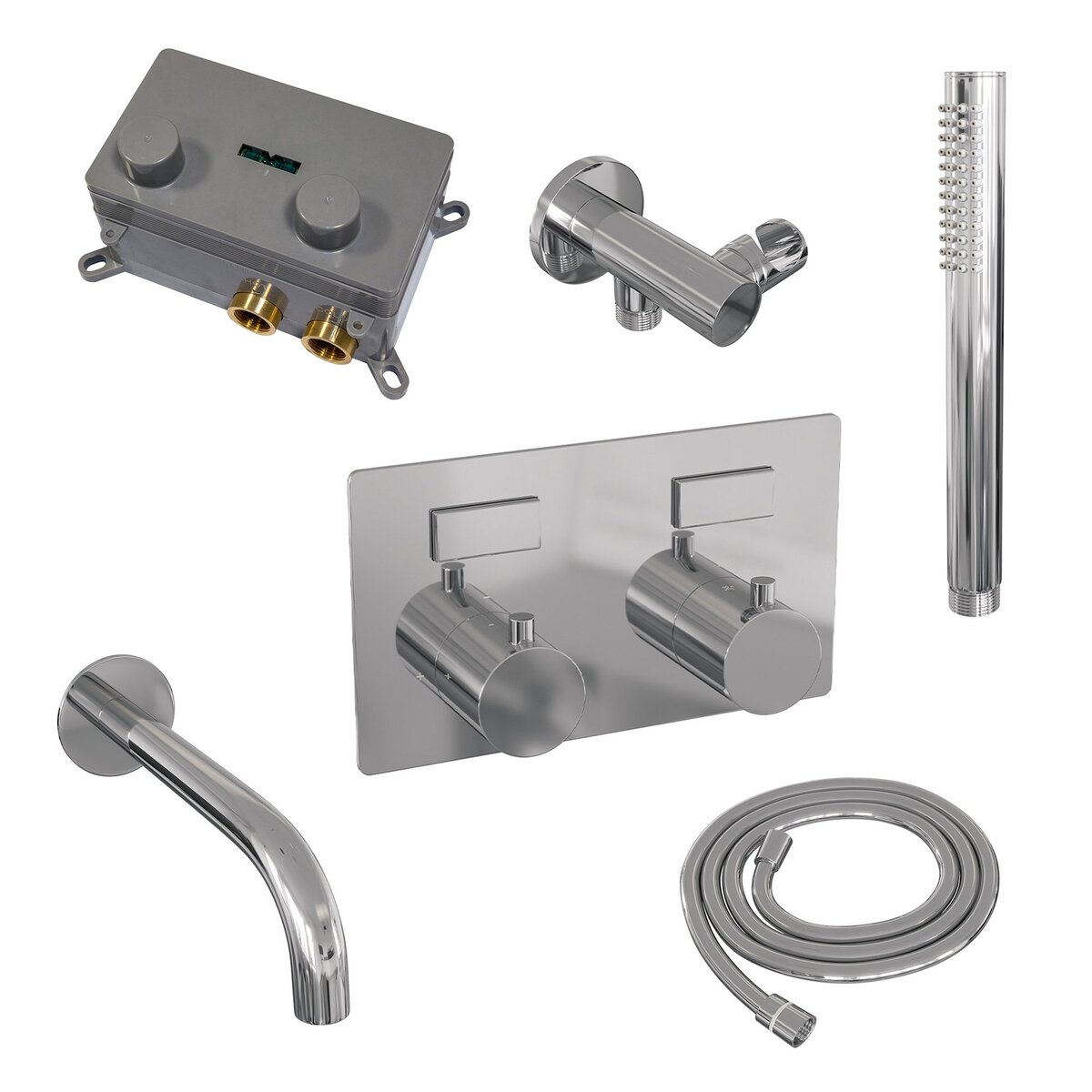 BRAUER Chrome Edition thermostatische inbouw badkraan met drukknoppen SET 03 met uitloop en staaf handdouche en doucheslang en wandaansluitbocht chroom