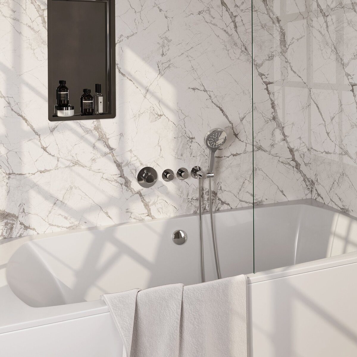 BRAUER Chrome Edition thermostatische inbouw badkraan SET 02 met badvulcombinatie en 3-standen handdouche en doucheslang en wandaansluitbocht chroom