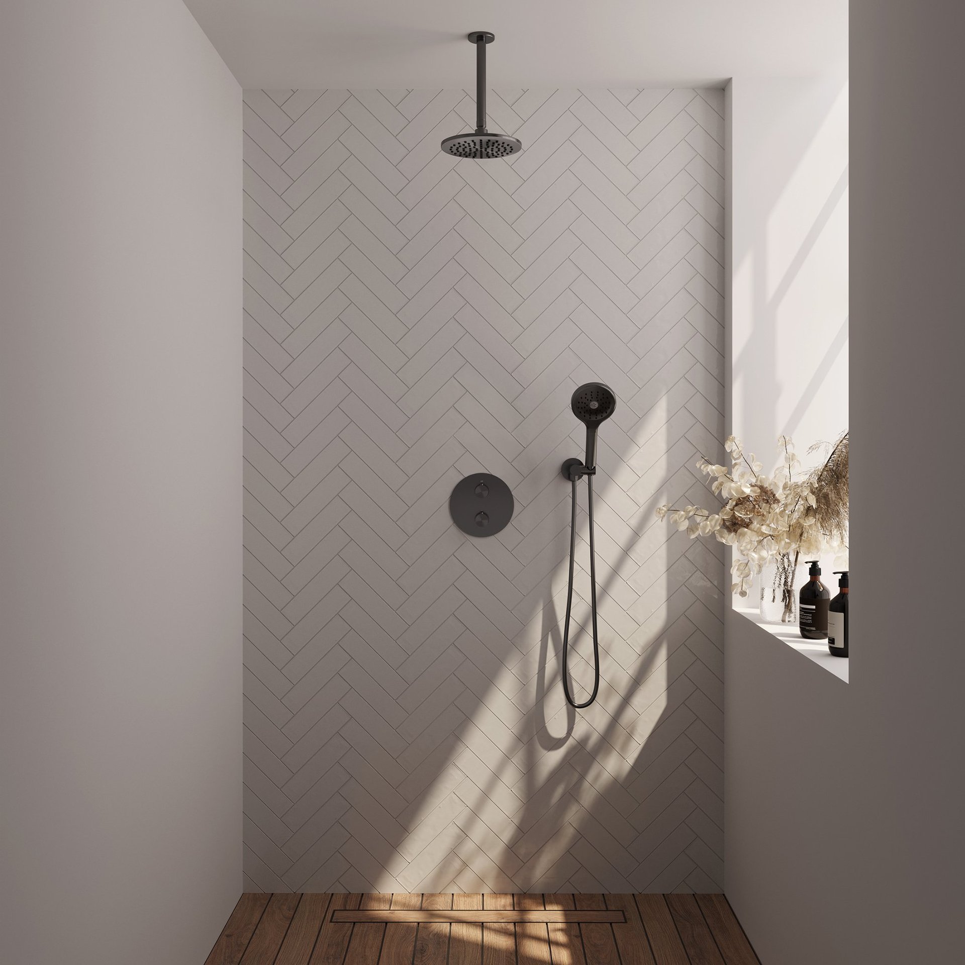 BRAUER Gunmetal Carving thermostatische inbouw regendouche 3-weg rond SET 83 met 20 cm douchekop en plafondarm en 3-standen handdouche en doucheslang en wandaansluitbocht gunmetal geborsteld PVD