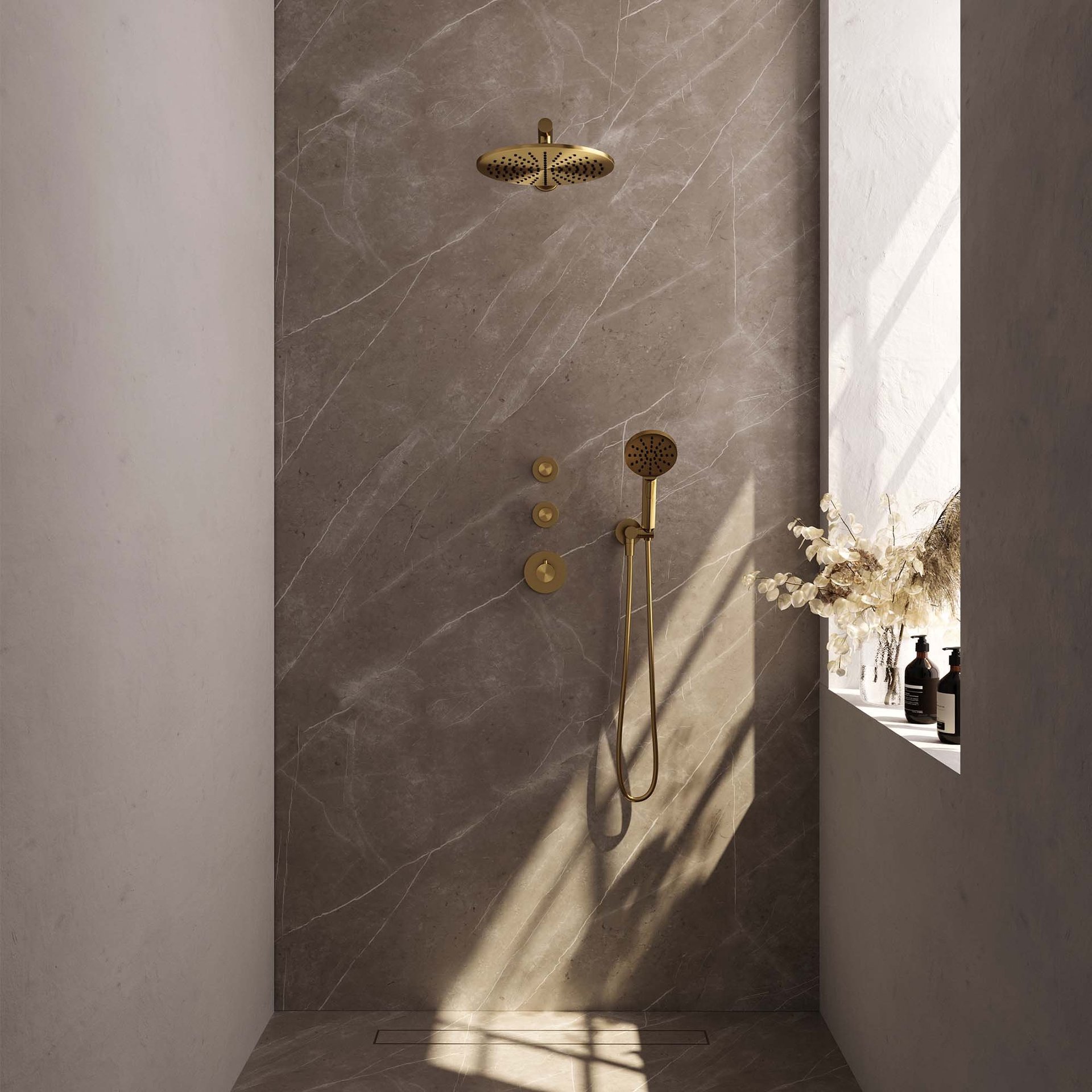 BRAUER Gold Edition thermostatische inbouw regendouche SET 08 met 30 cm douchekop en rechte muurarm en 3-standen handdouche en doucheslang en wandaansluitbocht goud geborsteld PVD