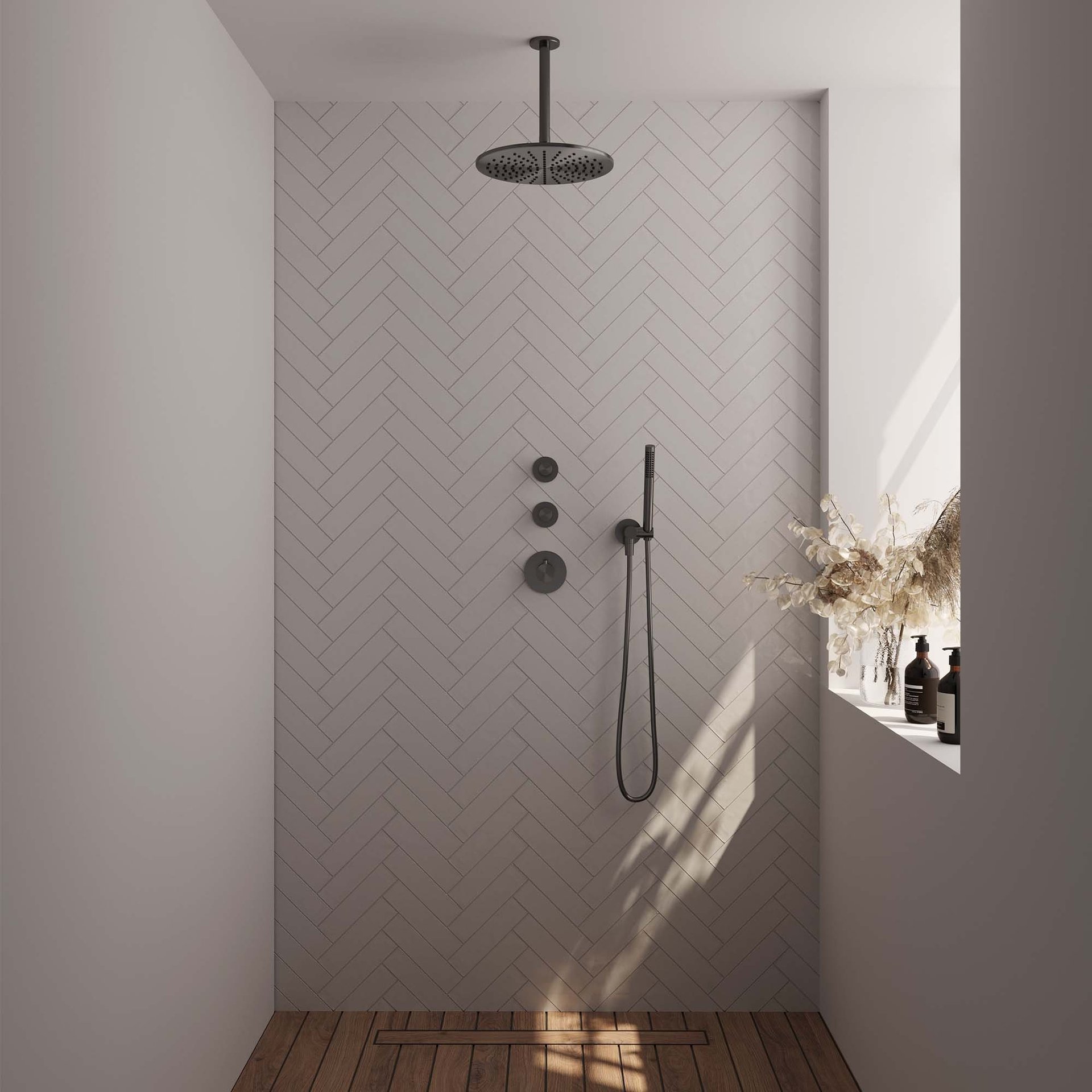 BRAUER Gunmetal Edition thermostatische inbouw regendouche SET 06 met 30 cm douchekop en plafondarm en staaf handdouche en doucheslang en wandaansluitbocht gunmetal geborsteld PVD
