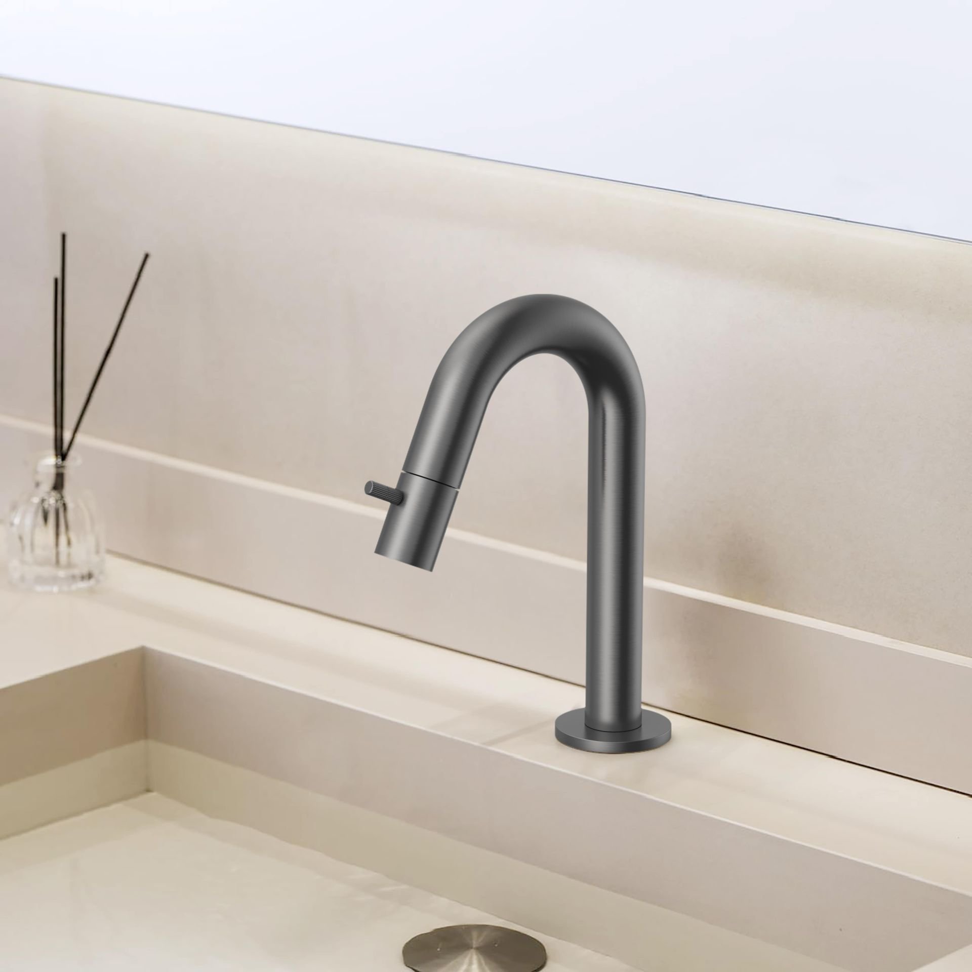 Stria Koudwaterkraan - Gebogen Uitloop - Zonder Afvoerplug - Gunmetal (PVD)