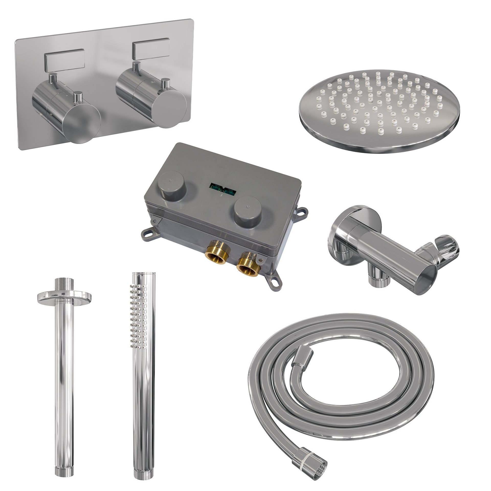 BRAUER Chrome Edition thermostatische inbouw regendouche met drukknoppen SET 53 met 20 cm douchekop en plafondarm en staaf handdouche en doucheslang en wandaansluitbocht chroom