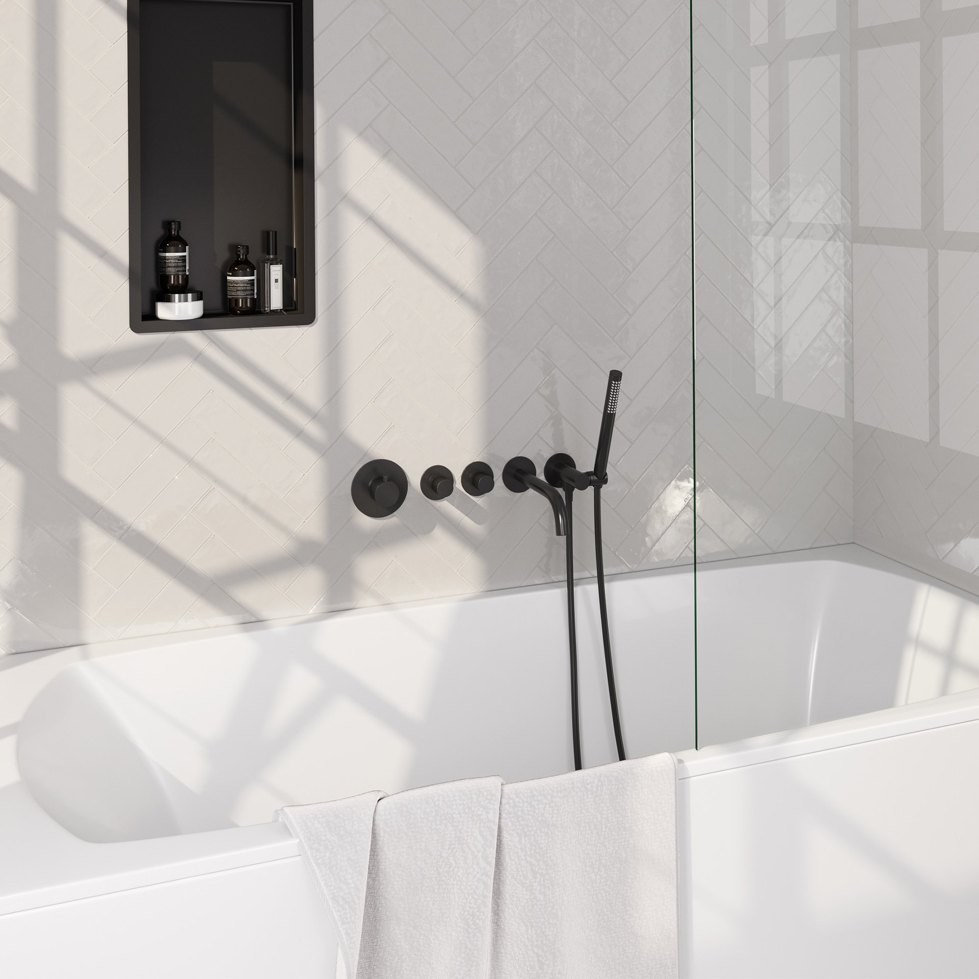 BRAUER Stripe thermostatische inbouw badkraan SET 01 met uitloop en staaf handdouche en doucheslang en wandaansluitbocht mat zwart