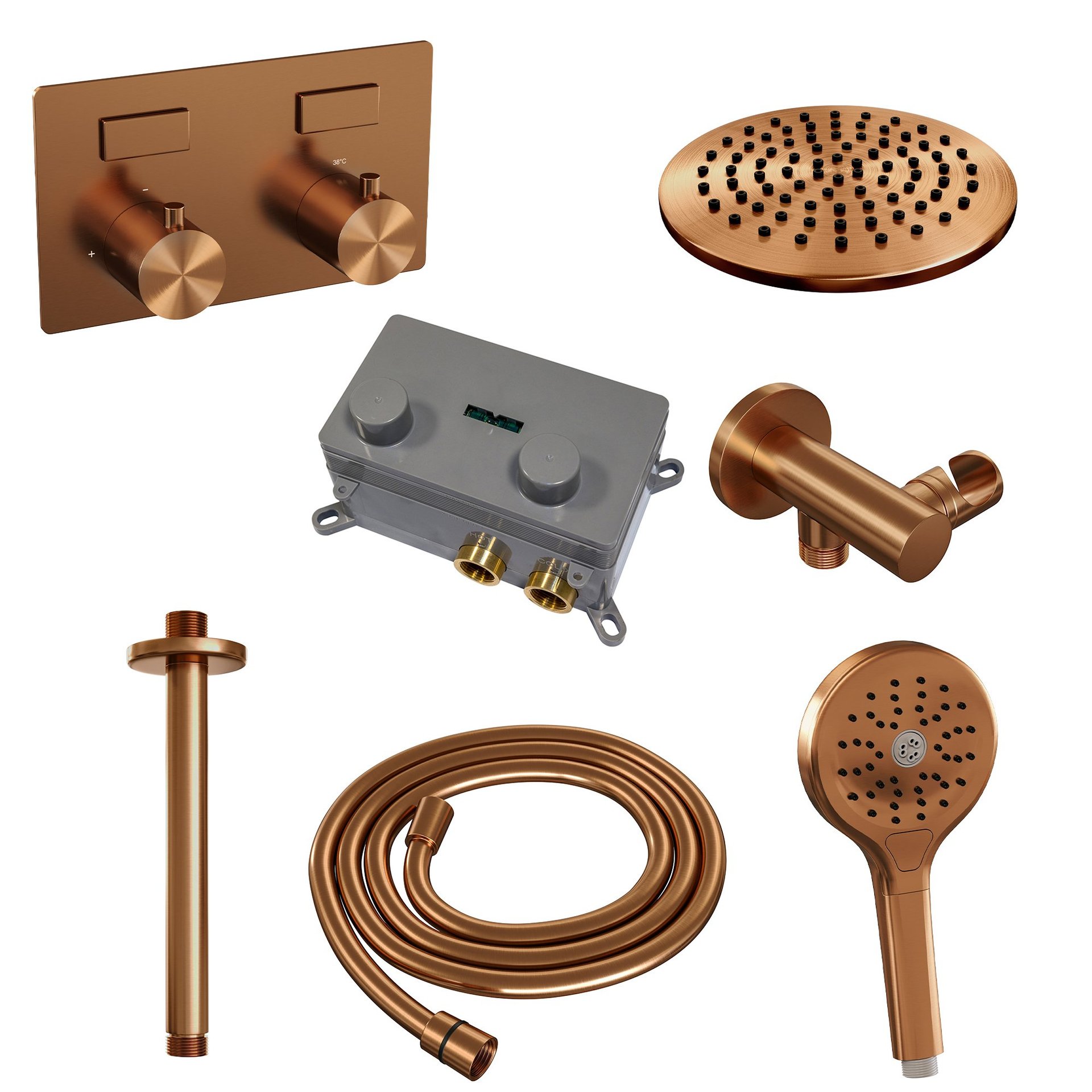 BRAUER Copper Edition thermostatische inbouw regendouche met drukknoppen SET 59 met 20 cm douchekop en plafondarm en 3-standen handdouche en doucheslang en wandaansluitbocht koper geborsteld PVD