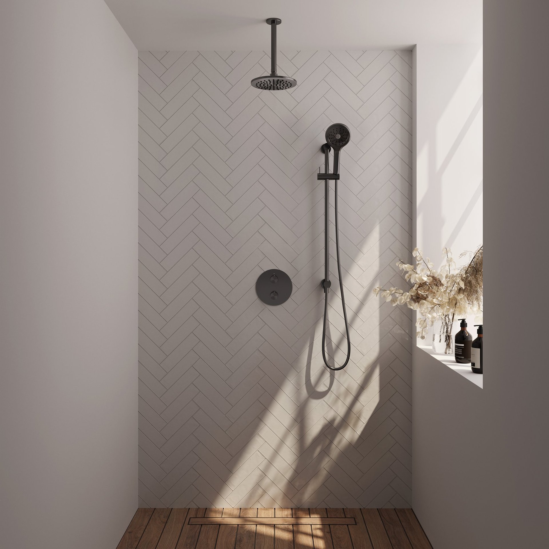 BRAUER Gunmetal Carving thermostatische inbouw regendouche 3-weg rond SET 95 met 20 cm douchekop en plafondarm en 3-standen handdouche en doucheslang en geïntegreerde glijstang gunmetal geborsteld PVD