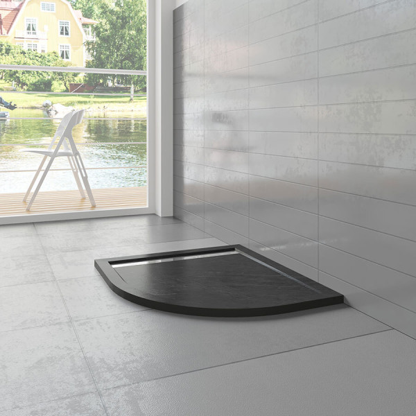 Douchebak Mat Zwart Natuursteen Look Daisy Kwart Rond 90x90x3cm Antislip Polystone (Inclusief Sifon)