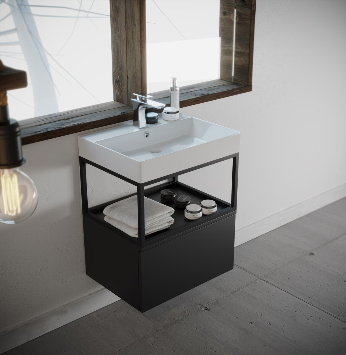 Badkamermeubel Bonero - Mat Zwart RAL 9005 - 60x45,5x69cm - Incl. Witte Keramische Wastafel - Voorgemonteerd - Greeploos - 1 Lade - Stalen Frame - MDF
