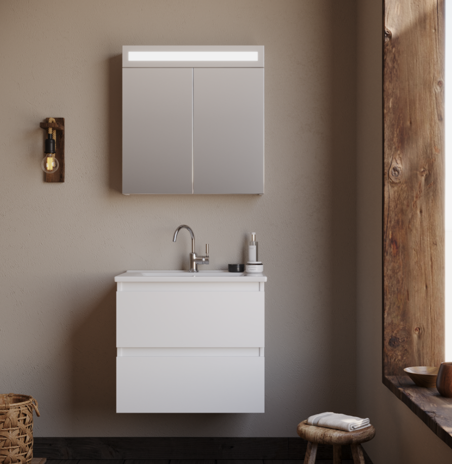 Badkamermeubel Luccine - Wit - 65x45,5x57 cm - Incl. Witte Keramische Wastafel - Voorgemonteerd - Greeploos - 2 Lades - MDF