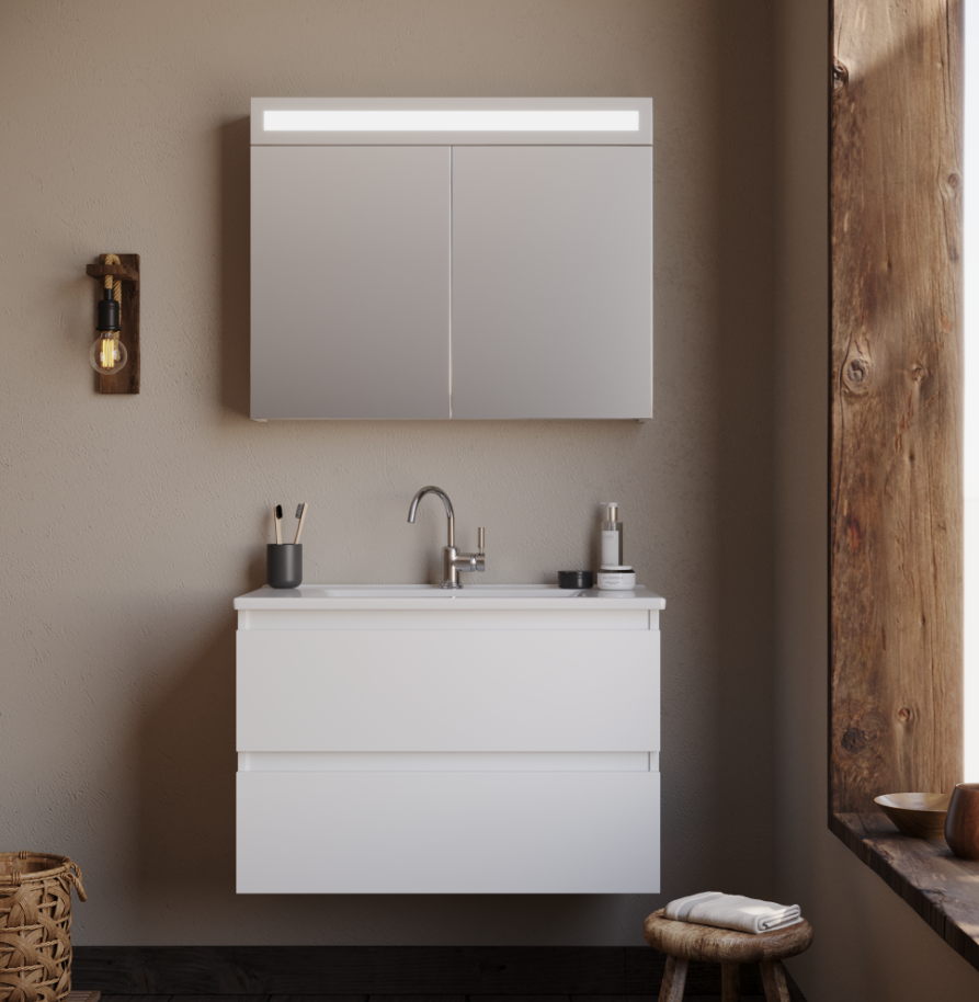 Badkamermeubel Luccine - Wit - 85x45,5x57 cm - Incl. Witte Keramische Wastafel - Voorgemonteerd - Greeploos - 2 Lades - MDF