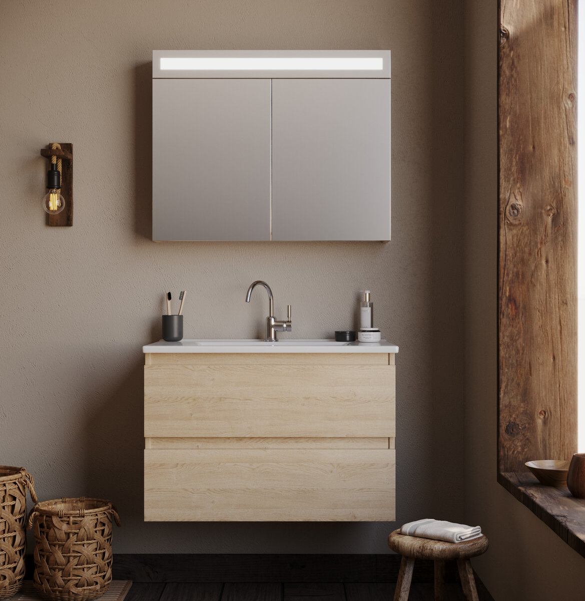 Badkamermeubel Emilia - Licht Eiken - 85x45,5x57cm - Incl. Witte Keramische Wastafel - Voorgemonteerd - Greeploos - 2 Lades - MDF