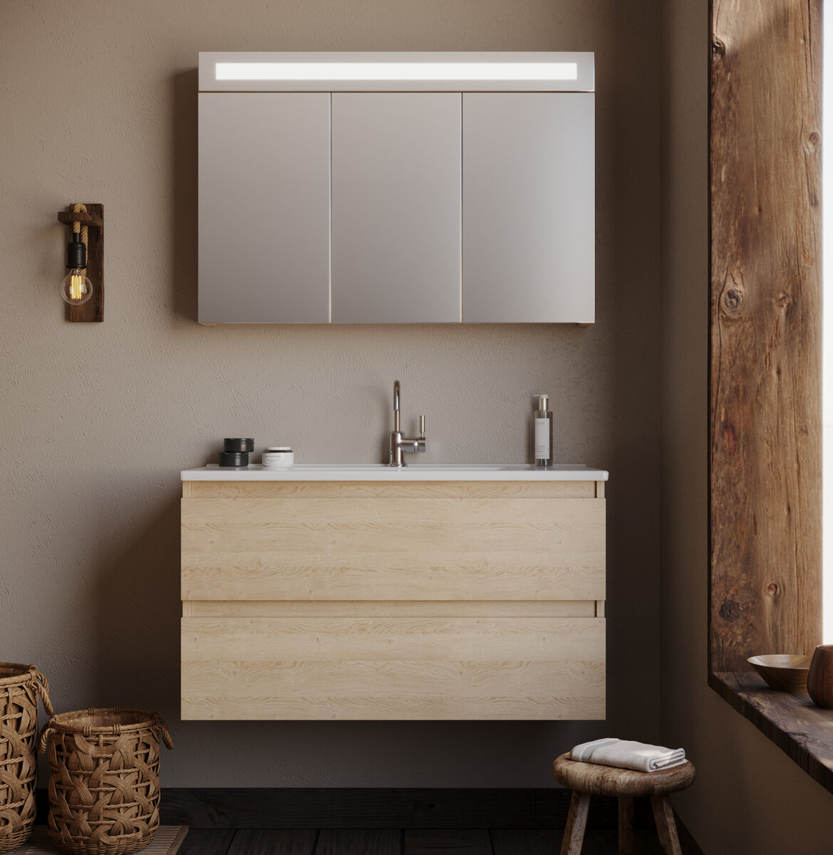 Badkamermeubel Emilia - Licht Eiken - 100x45,5x57cm - Incl. Witte Keramische Wastafel - Voorgemonteerd - Greeploos - 2 Lades - MDF