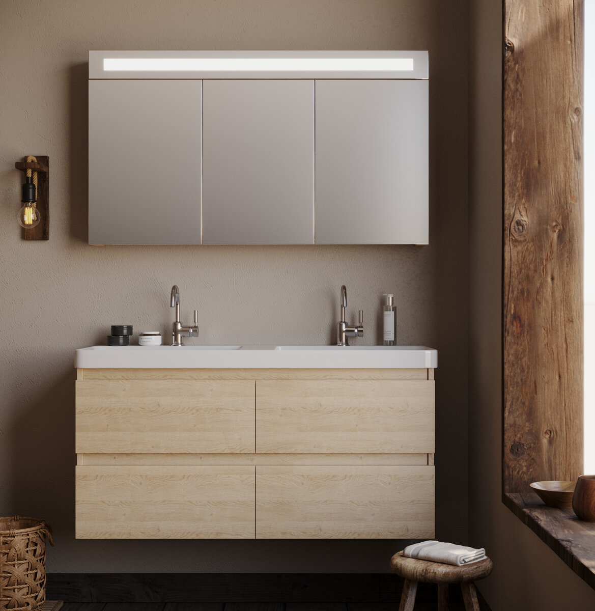Badkamermeubel Emilia - Licht Eiken - 120x45,5x57cm - Incl. Witte Keramische Wastafel - Voorgemonteerd - Greeploos - 4 Lades - MDF