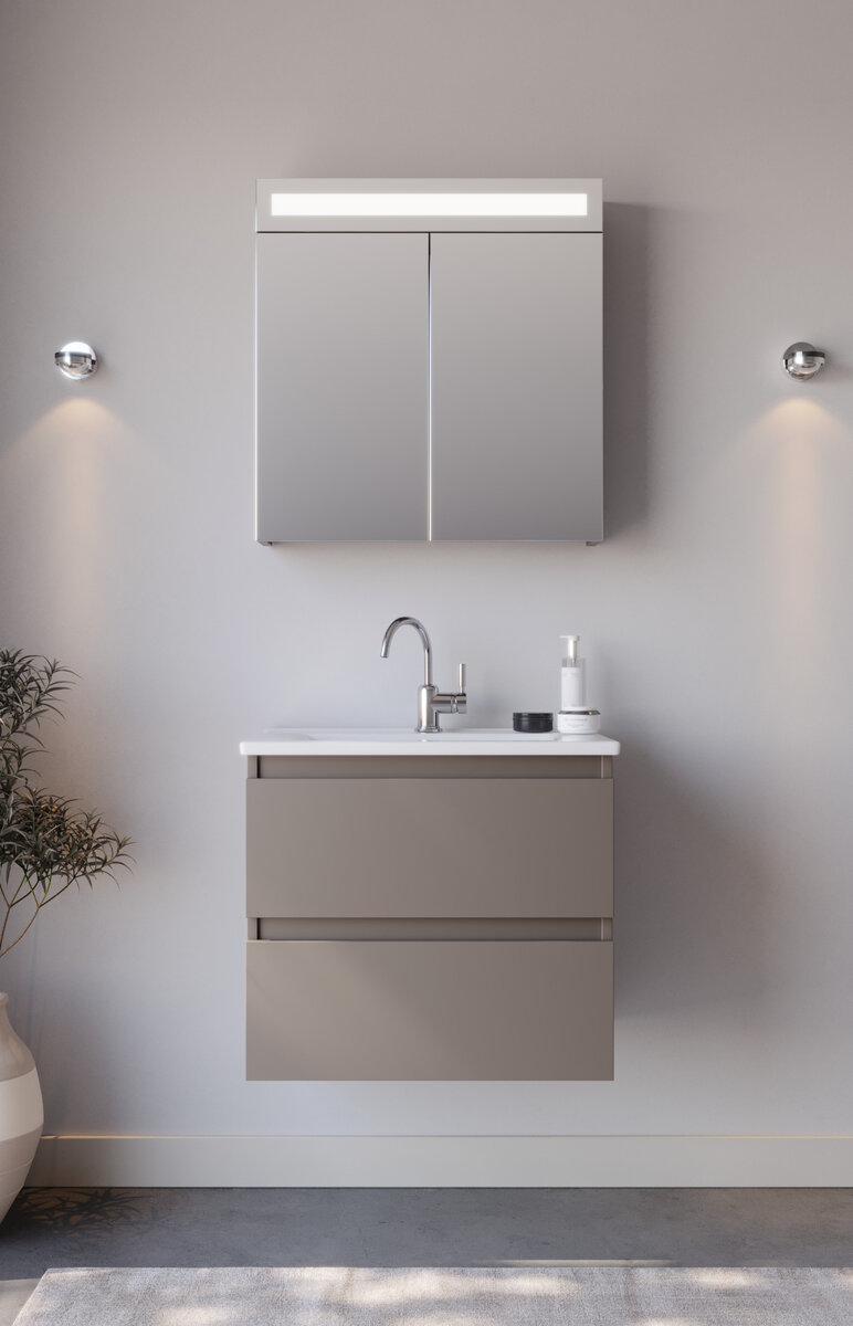 Badkamermeubel Luciano - Taupe RAL 8014 - 65x45,5x57cm - Incl. Witte Keramische Wastafel - Voorgemonteerd - Greeploos - 2 Lades - MDF