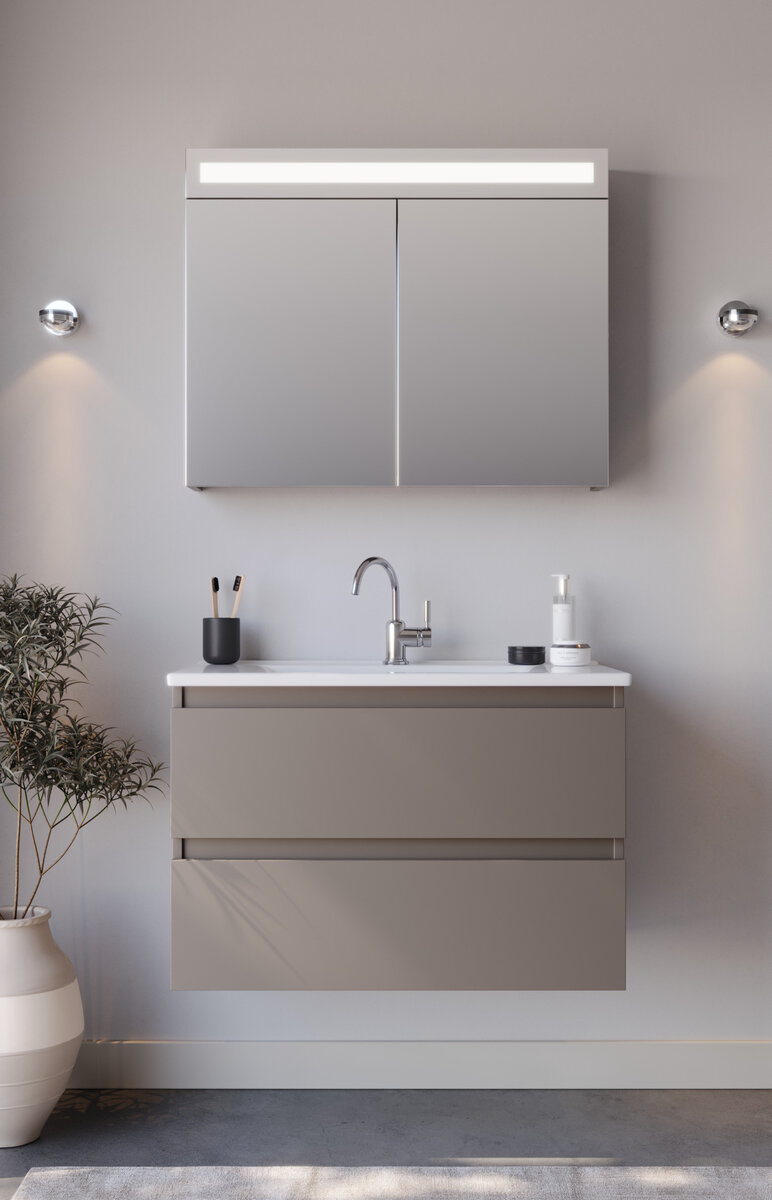Badkamermeubel Luciano - Taupe RAL 8014 - 85x45,5x57cm - Incl. Witte Keramische Wastafel - Voorgemonteerd - Greeploos - 2 Lades - MDF