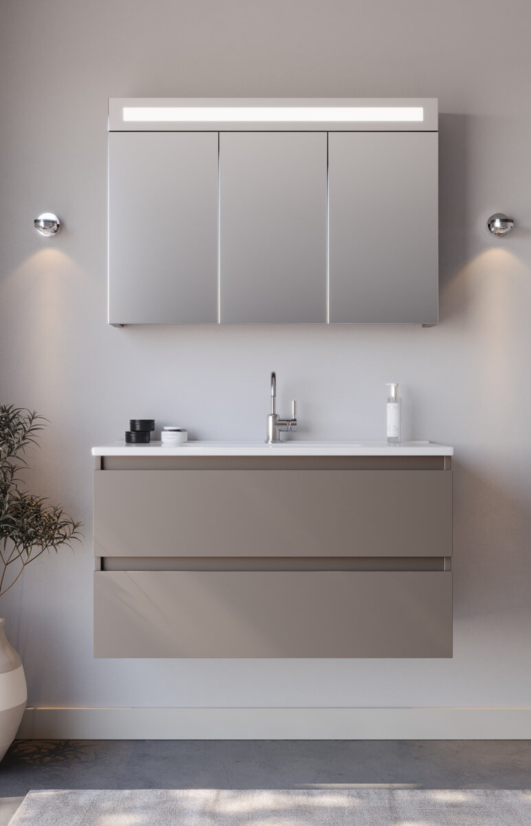 Badkamermeubel Luciano - Taupe RAL 8014 - 100x45,5x57cm - Incl. Witte Keramische Wastafel - Voorgemonteerd - Greeploos - 2 Lades - MDF