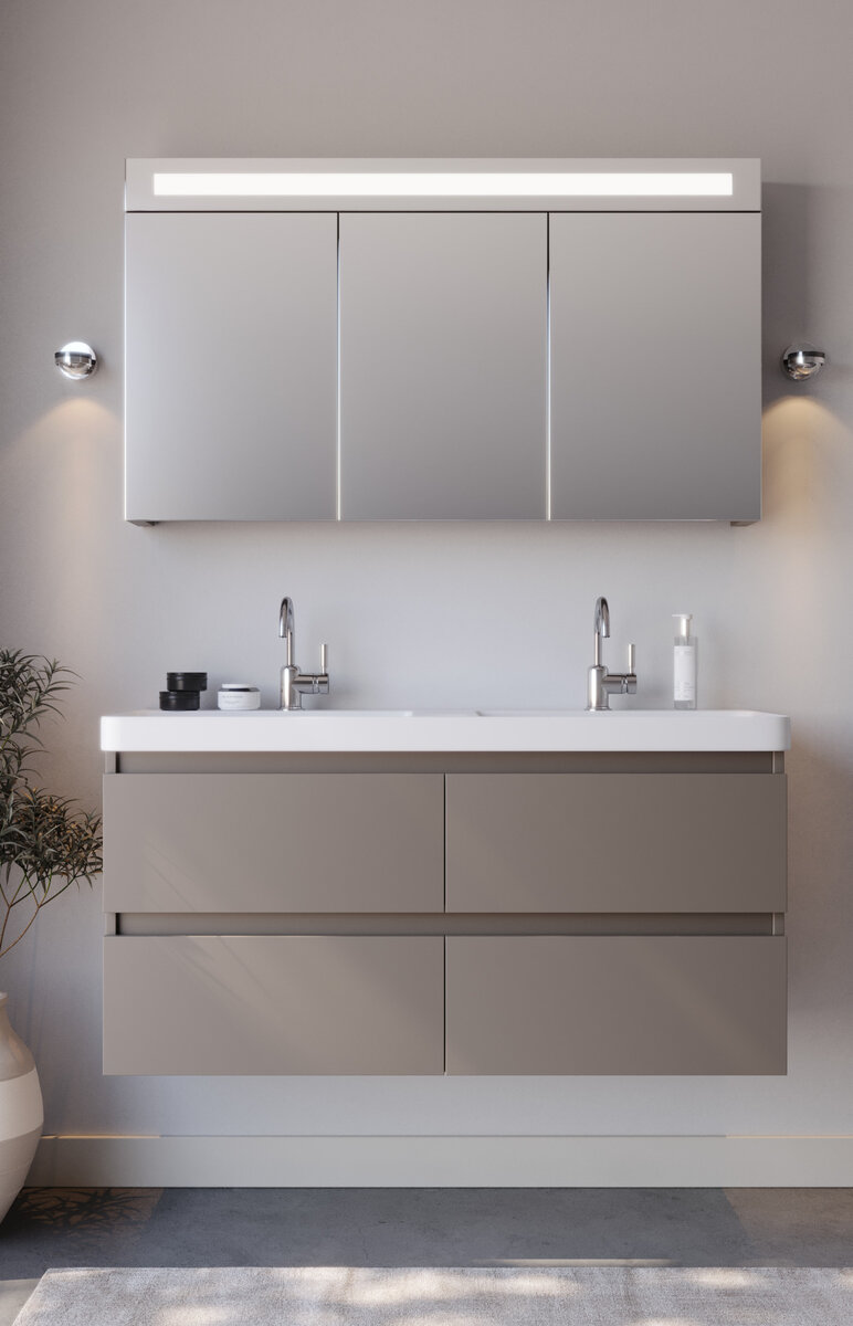 Badkamermeubel Luciano - Taupe RAL 8014 - 120x45,5x57cm - Incl. Witte Keramische Wastafel - Voorgemonteerd - Greeploos - 4 Lades - MDF