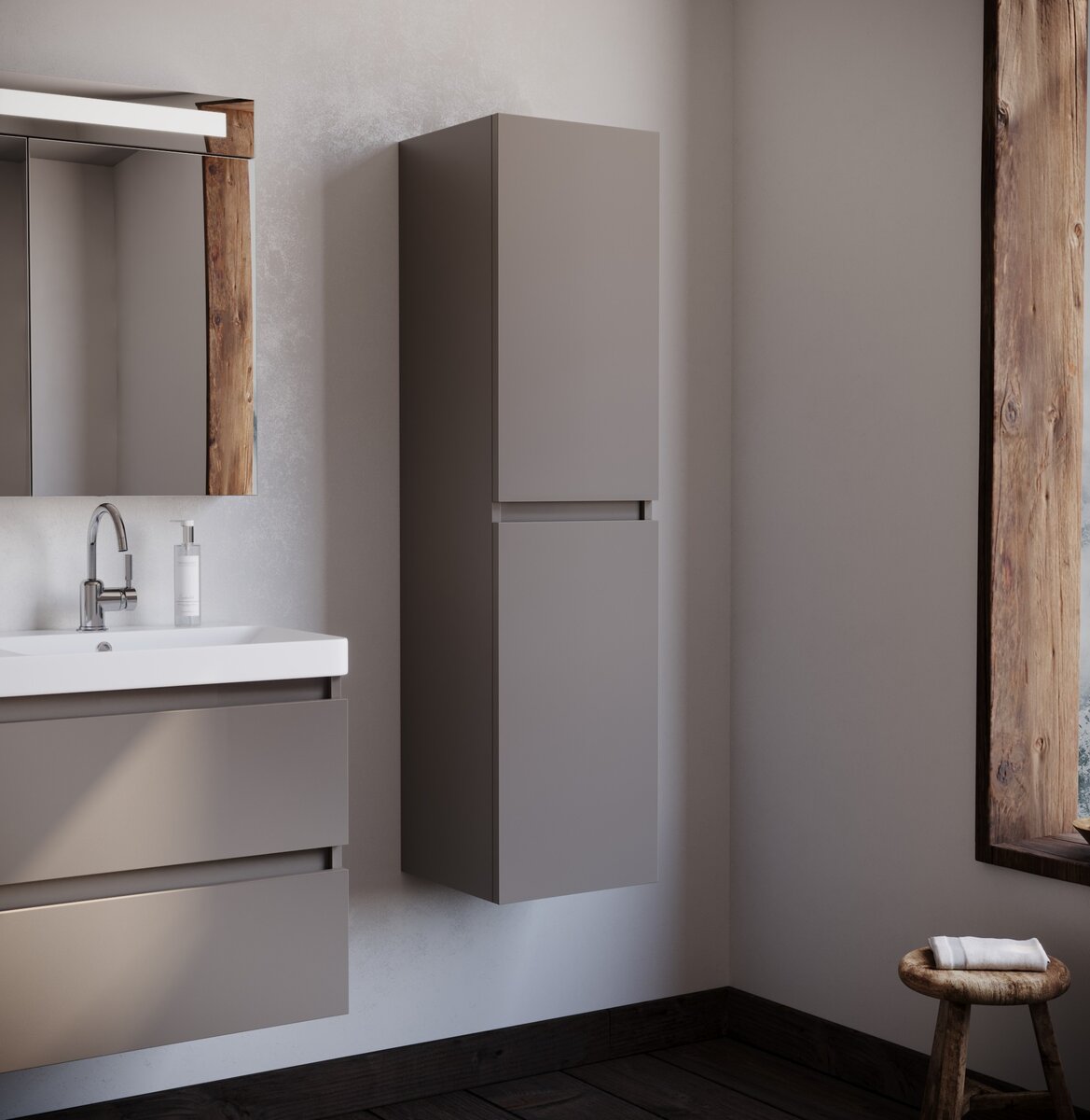 Kolomkast Luciano - Taupe RAL 8014 - 35x35x138 cm - Voorgemonteerd - Greeploos - 2 Deuren - MDF - Links en Rechts