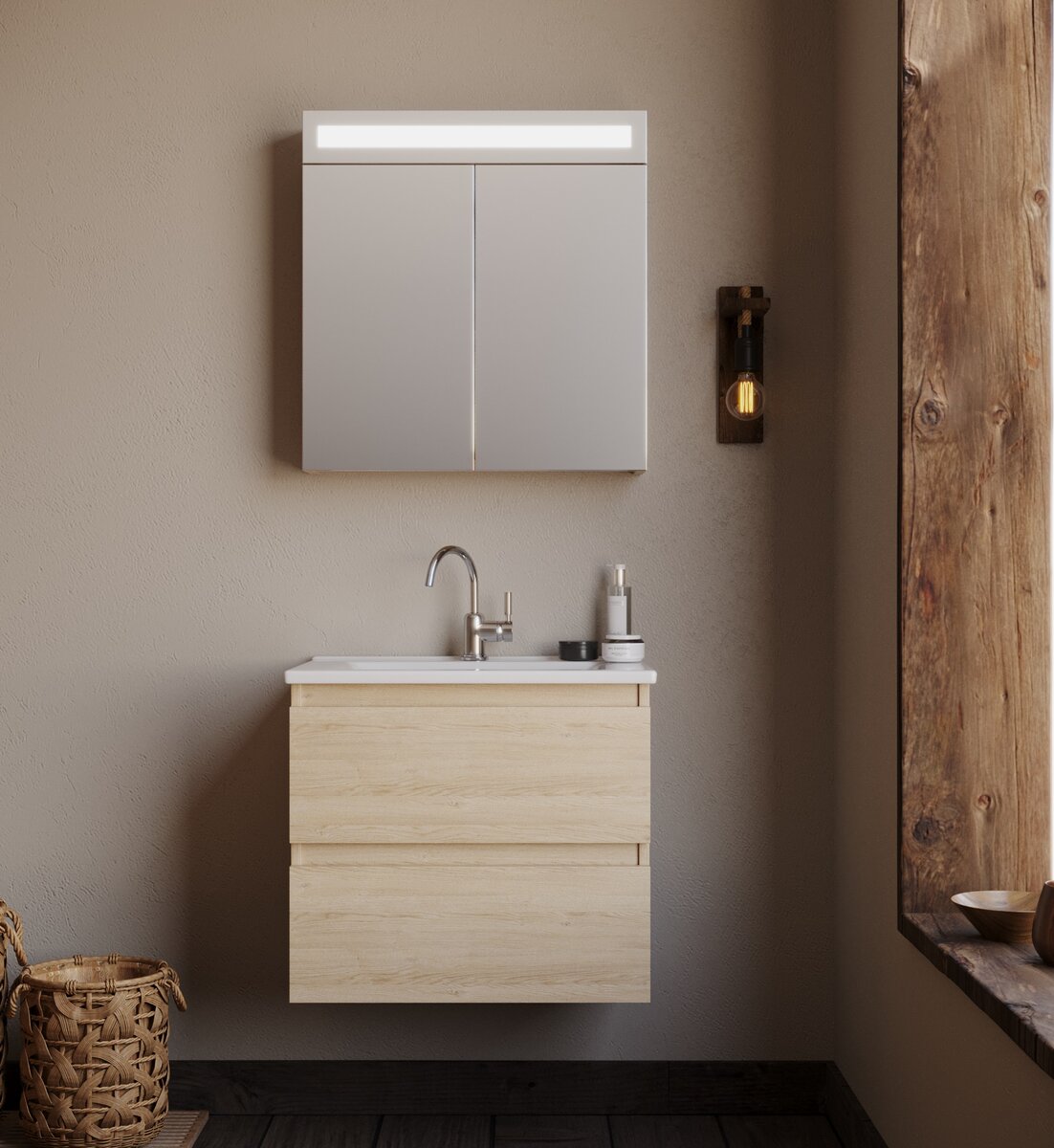 Badkamermeubel Emilia - Licht Eiken 65x45,5x57cm - Incl. Witte Keramische Wastafel - Voorgemonteerd - Greeploos - 2 Lades - MDF