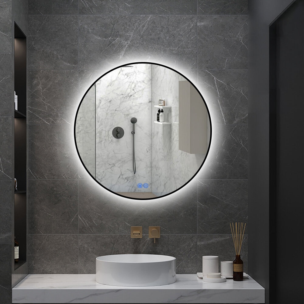 Badkamerspiegel - Sunlight - Rond - Zwarte Rand - 80cm - Spiegelverwarming - 3-standen Dimbare LED Verlichting - Touch Sensor