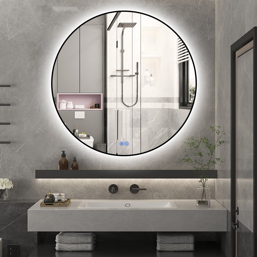 Badkamerspiegel - Sunlight - Rond - Zwarte Rand - 120cm - Spiegelverwarming - 3-standen Dimbare LED Verlichting - Touch Sensor