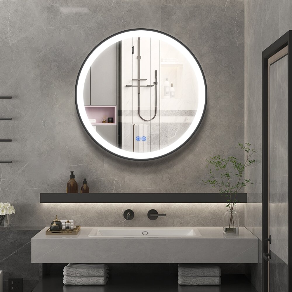 Badkamerspiegel - Starlight - Rond - Zwarte Rand - 80cm - Spiegelverwarming - 3-standen Dimbare LED Verlichting - Touch Sensor