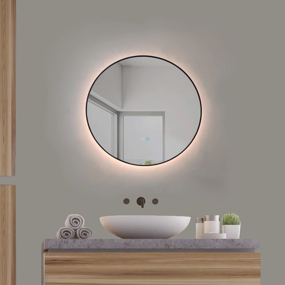 Badkamerspiegel - Sunlight - Rond - Zwarte Rand - 60cm - Spiegelverwarming - 3-standen Dimbare LED Verlichting - Touch Sensor