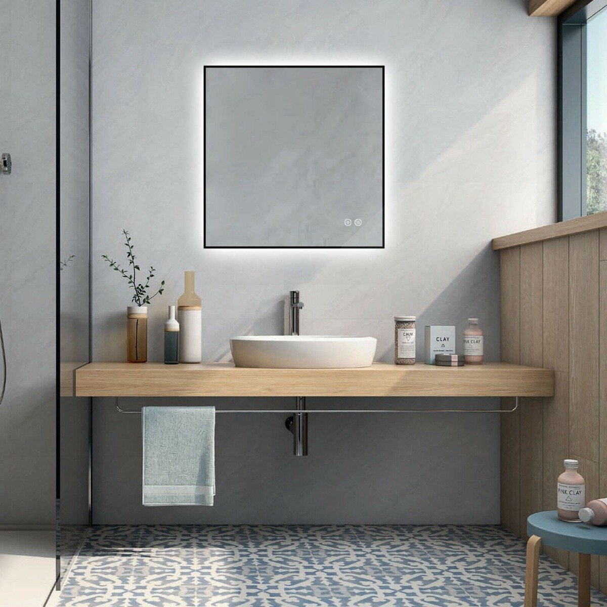 Badkamerspiegel - Sunlight - Vierkant - Zwarte Rand - 60x60cm - Spiegelverwarming - 3-standen Dimbare LED Verlichting - Touch Sensor