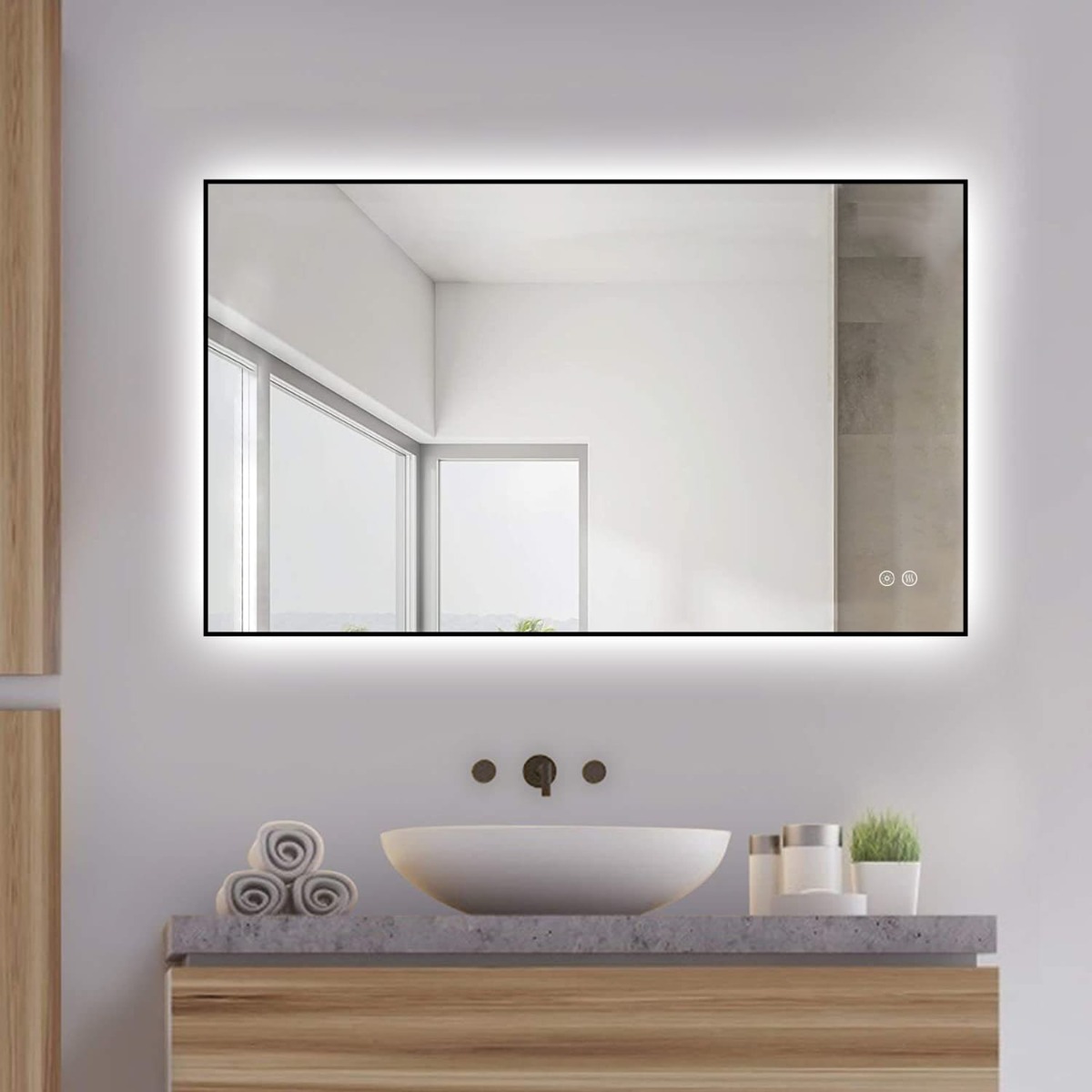 Badkamerspiegel - Sunlight - Rechthoek - Zwarte Rand - 100x60cm - Spiegelverwarming - 3-standen Dimbare LED Verlichting - Touch Sensor