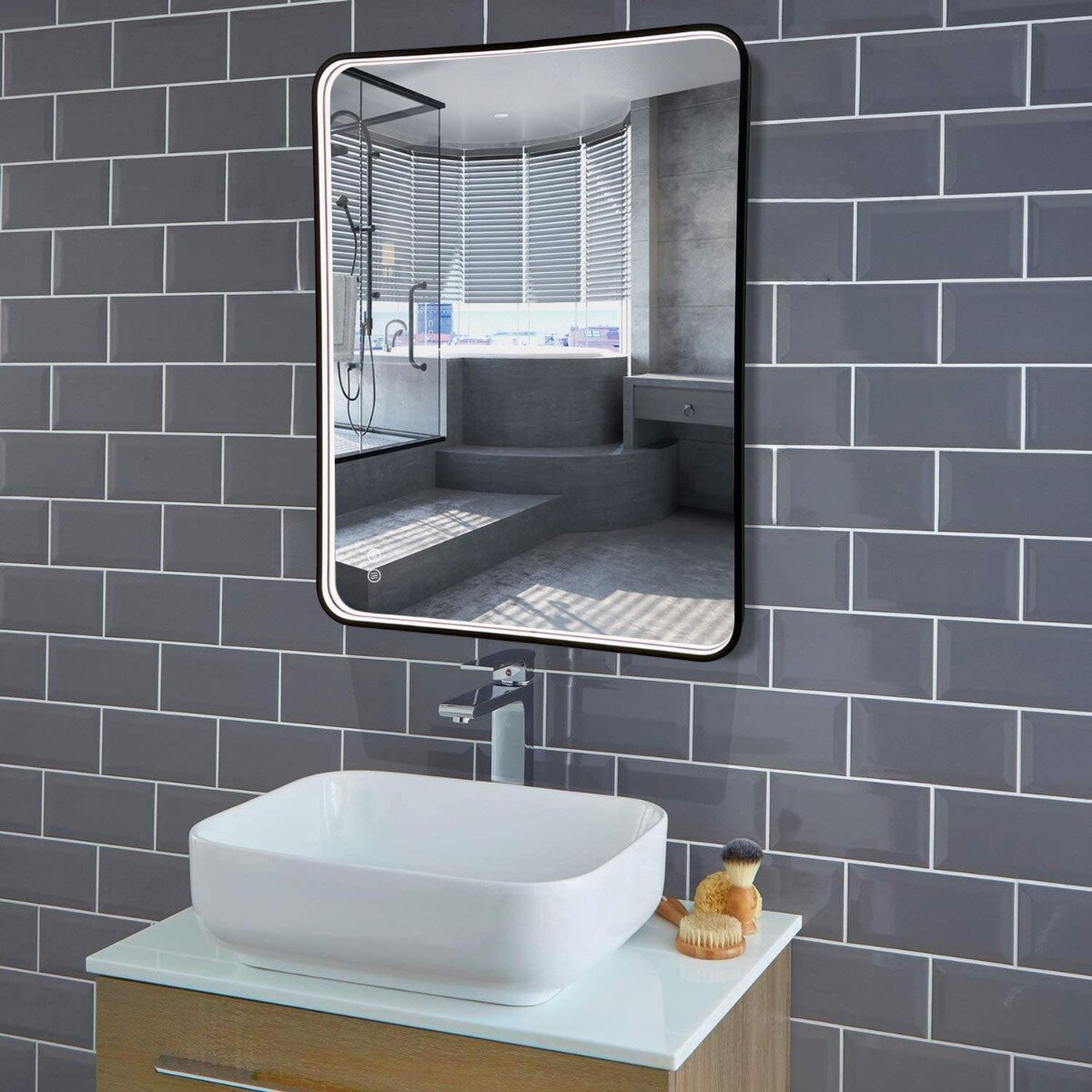 Badkamerspiegel - Summerlight - Rechthoek - Zwarte Rand - 80x60cm - Spiegelverwarming - 3-standen Dimbare LED Verlichting - Touch Sensor